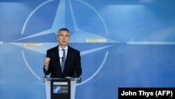 NATO Secretary-General Jens Stoltenberg gives a press conference on Russia at NATO headquarters in Brussels on October 26.
