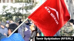 "Ата Мекен" партиясынын желегин көтөргөн жаран. 2017-жылы тартылган сүрөт. 