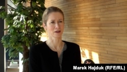 European Union foreign policy chief Kaja Kallas speaks to RFE/RL in Strasbourg on April 2. 