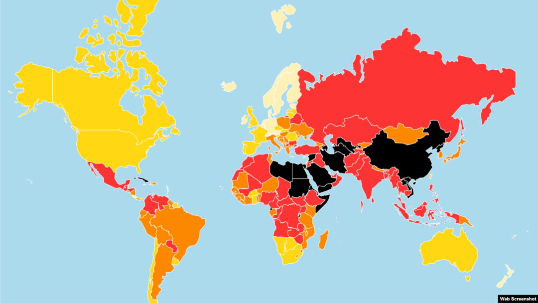 Мапа до рейтингу World Press Index, оприлюдненого правозахисною групою «Репортери без кордонів» 