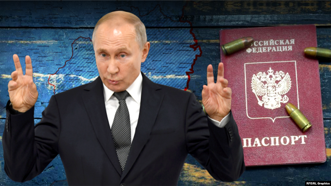 Російський президент Володимир Путін та російські паспорти (колаж)