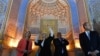 European Commission President Ursula von der Leyen, Uzbekistan's Prime Minister Abdulla Aripov and European Council President Antonio Costa tour the Registan cultural site in Samarkand on April 3, 2025, ahead of the EU-Central Asia summit. (Photo by VYACH