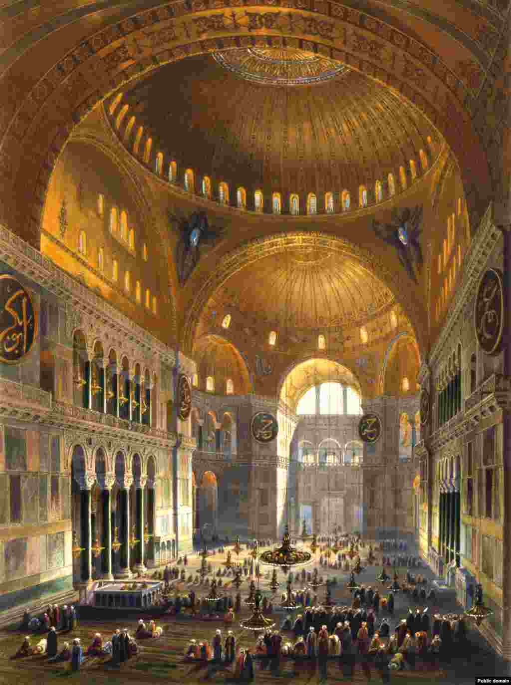 Мусульмане совершают намаз в мечети Айя-София, картина 1852 года. Айя-София была действующей мечетью почти 500 лет. Христианские иконы в ней были либо заклеены, либо уничтожены. 