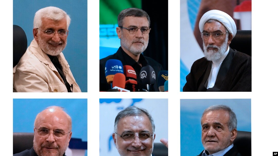 Šest odobrenih kandidata na predstojećim predsjedničkim izborima u Iranu (u smjeru kazaljke na satu odozgo desno): Mostafa Pourmohammadi, Saeed Jalili, Masud Pezeshkian, Alireza Zakani, Mohammad Baqer Qalibaf 